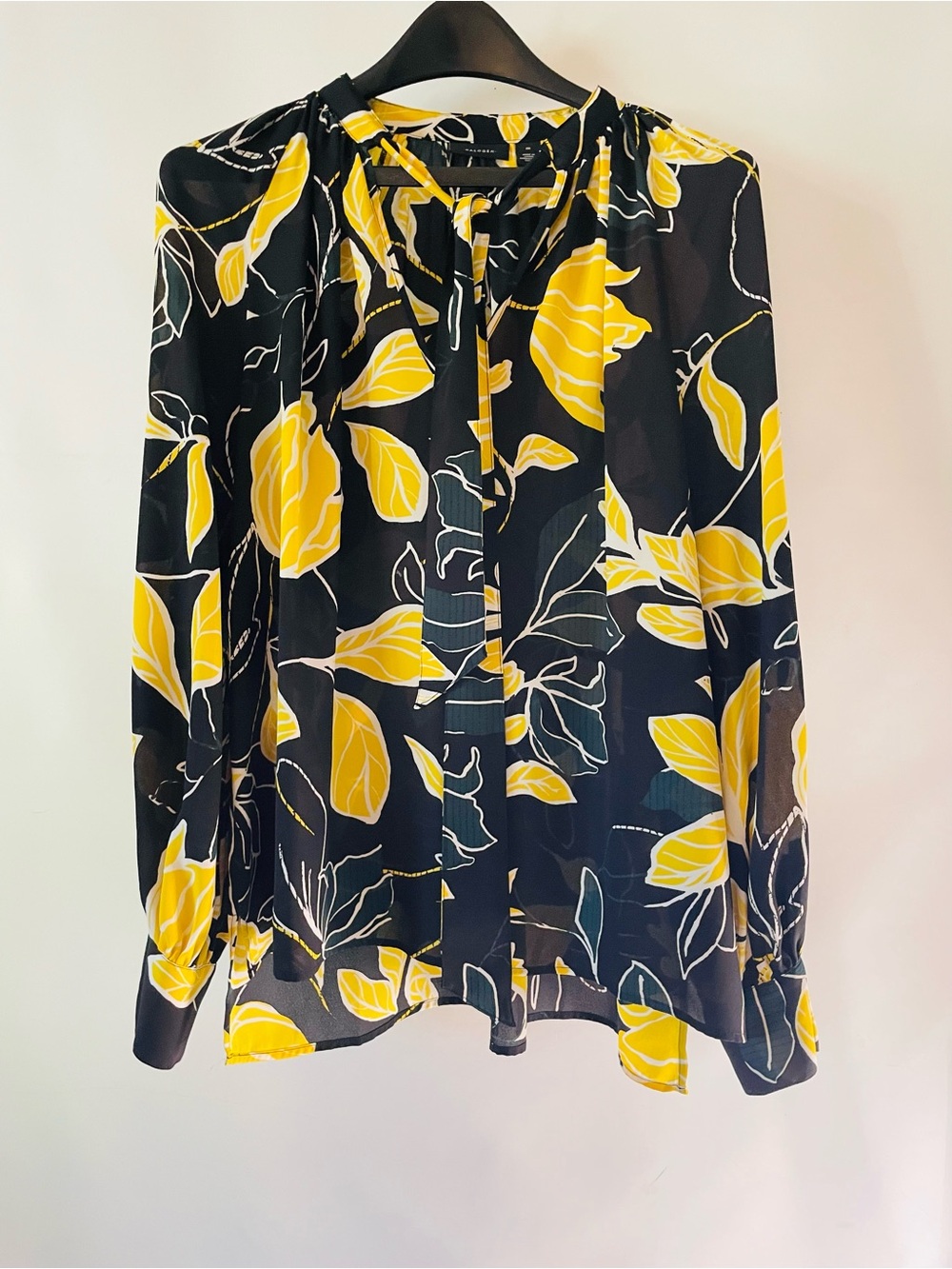 Halogen Black Blouse With Vibrant Yellow Floral Semi Sheer Fabric Size M